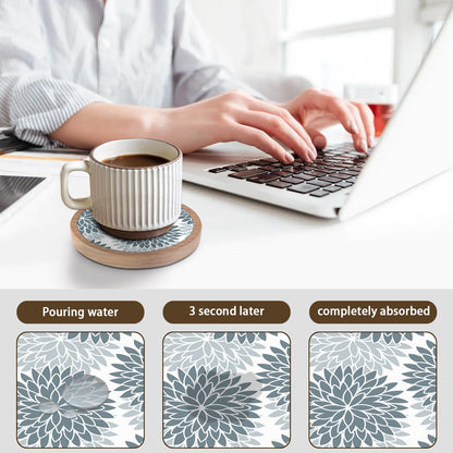 Wood Coasters Set of 8 with Holder, Cewiru Cup Mat for Drinks, Absorbent Coasters with Felt Insert for Coffee Table Protection, Modern Style Home Dining Table Decor, 4.3" Gray