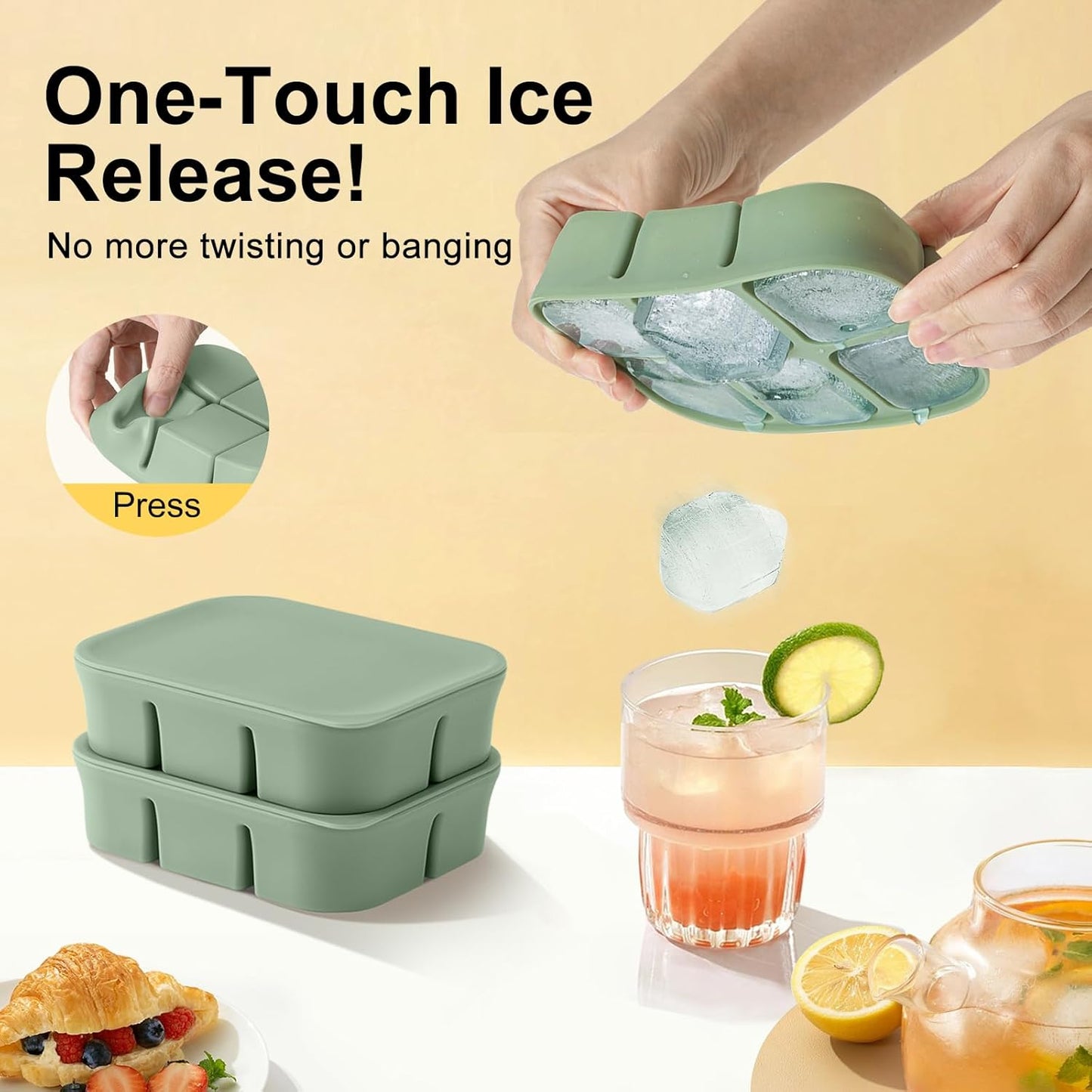 Ice Cube Tray 2 Pack – Stackable Large Silicone Ice Cube Freezer Molds & Easy Release Square Ice Cube Maker with Removable Lid BPA Free for Cocktail,Whiskey，Soup Baby Food