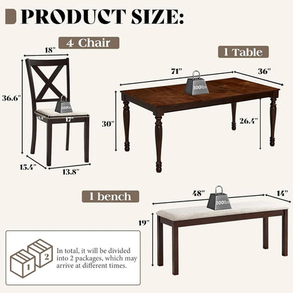6-Piece Solid Wood Dining Table Set, 71" Farmhouse Kitchen Table with 4 Upholstered Chairs and Bench, Large Dining Room & Kitchen Furniture Set, Brown & Black