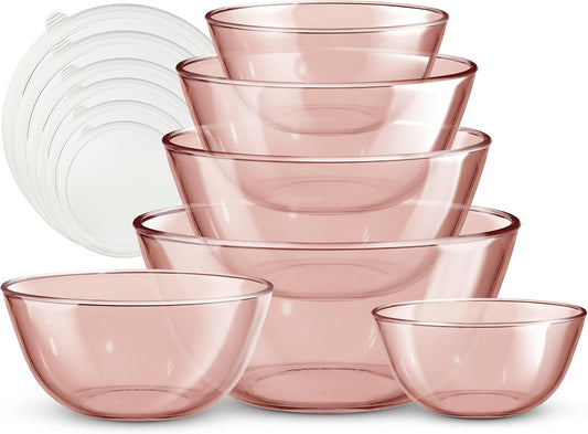 COOK WITH COLOR 12 Pc Glass Mixing Bowl Set with Lids – Borosilicate Glass Nesting Bowls for Cooking, Baking and Meal Prep, Colored Pink