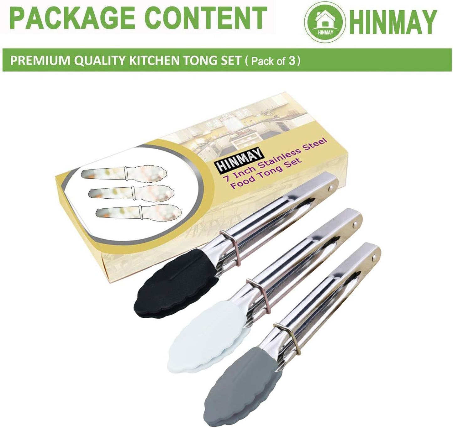 Mini Tongs with Silicone Tips 7-Inch Small Serving Tongs, Set of 3 (Black White Gray)