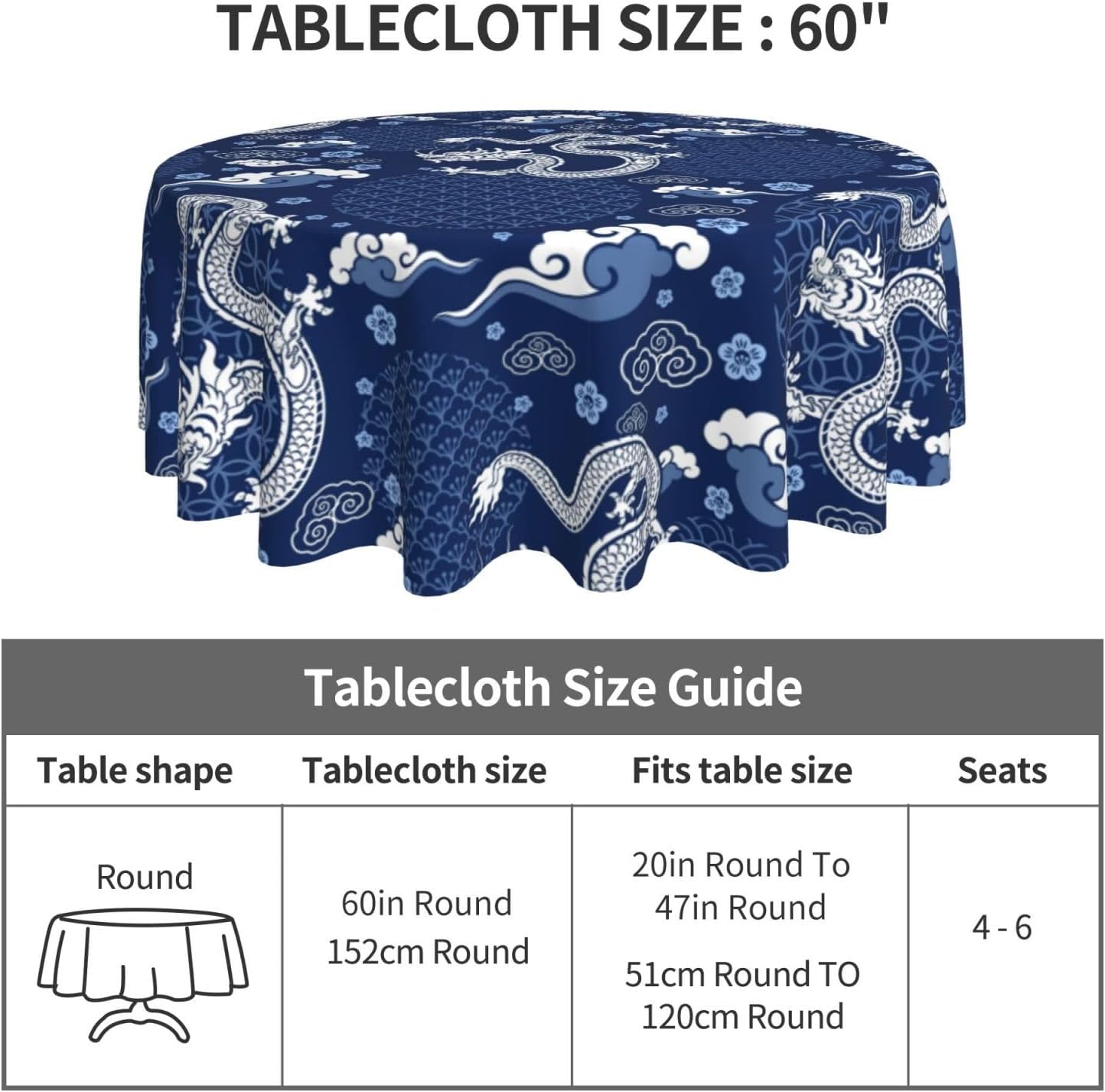 Japanese Tablecloth Round, Blue Traditional Zodiac Dragon Vintage Asian Style Oriental Water Resisitant Table Cover for Dining Kitchen Living Room Home Party Holiday Decor 60 inch Round