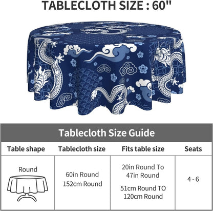 Japanese Tablecloth Round, Blue Traditional Zodiac Dragon Vintage Asian Style Oriental Water Resisitant Table Cover for Dining Kitchen Living Room Home Party Holiday Decor 60 inch Round