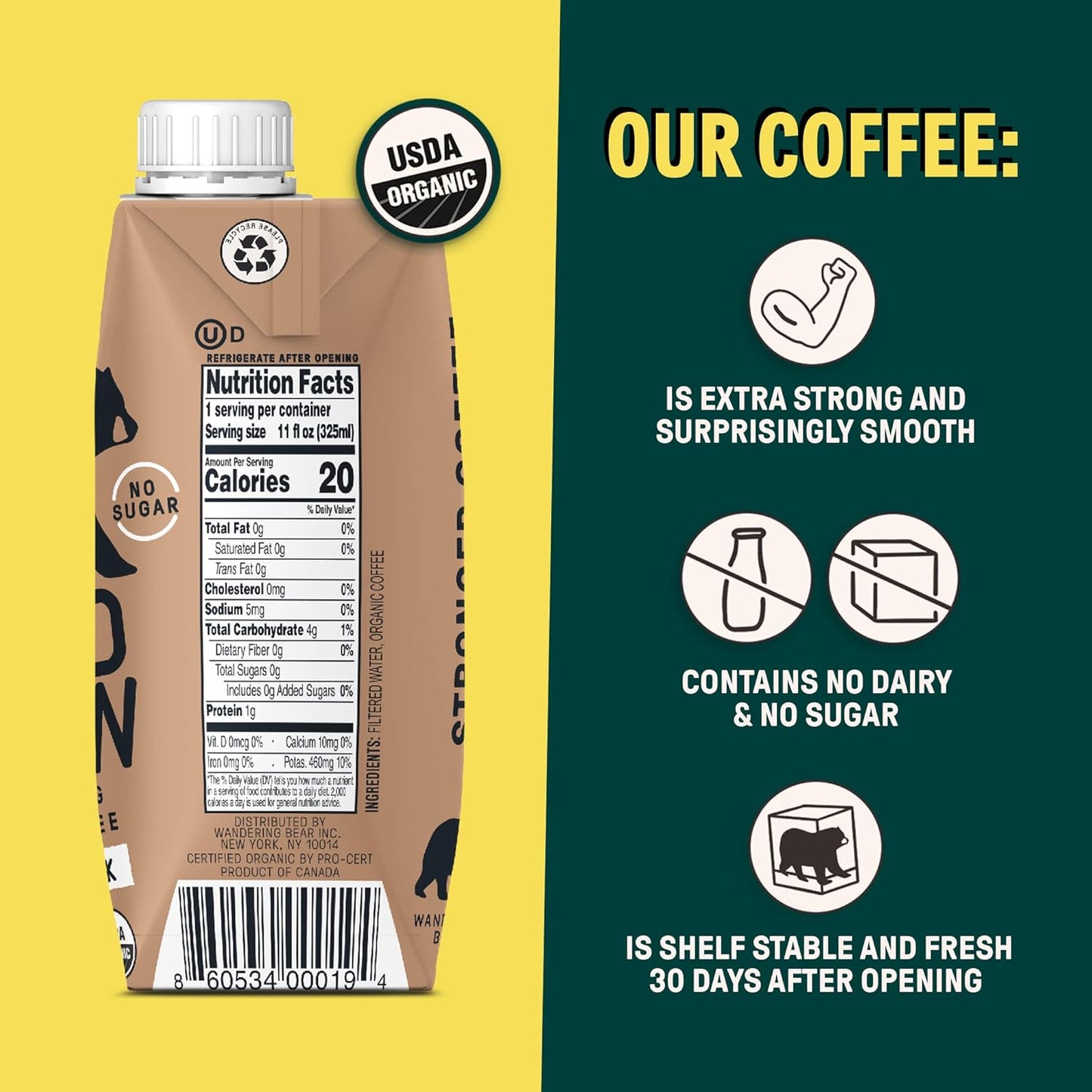 Wandering Bear Straight Black Organic Cold Brew Coffee On-the-Go - Extra Strong, Bold, Smooth, Unsweetened, Shelf-Stable, Ready to Drink, 100% Organic Iced Cold Brewed Coffee Drink -11 fl oz, 12 pack