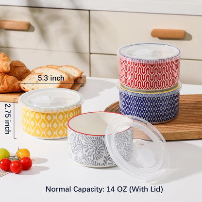 Selamica Ceramic Bowls with Lids,14 OZ Small Serving Bowls with Lids for Lunch Picnic Microwave Safe, 5 Inch Kitchen Food Storage Bowls Set of 4 for Prep, Salad, Pasta, Cereal, Assorted Colors
