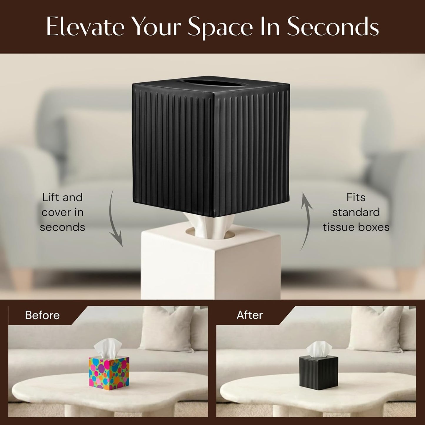 Monarch Abode Tissue Box Cover Square – Handcrafted Ridge Embossed Black Metal Tissue Holder Box for Bathroom Accessory, Aesthetic Decorative Facial Napkin Cube for Modern Home Decor