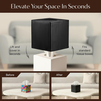 Monarch Abode Tissue Box Cover Square – Handcrafted Ridge Embossed Black Metal Tissue Holder Box for Bathroom Accessory, Aesthetic Decorative Facial Napkin Cube for Modern Home Decor