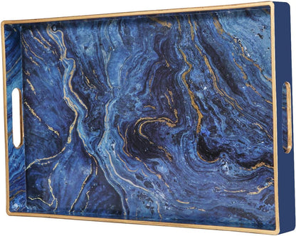Zosenley Decorative Tray, Marbling Plastic Tray with Handles, Rectangular Vanity Tray and Serving Tray for Bathroom, Kitchen, Ottoman and Coffee Table, 15.6” x 10.2”, Blue