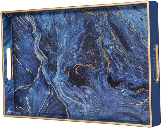 Zosenley Decorative Tray, Marbling Plastic Tray with Handles, Rectangular Vanity Tray and Serving Tray for Bathroom, Kitchen, Ottoman and Coffee Table, 15.6” x 10.2”, Blue