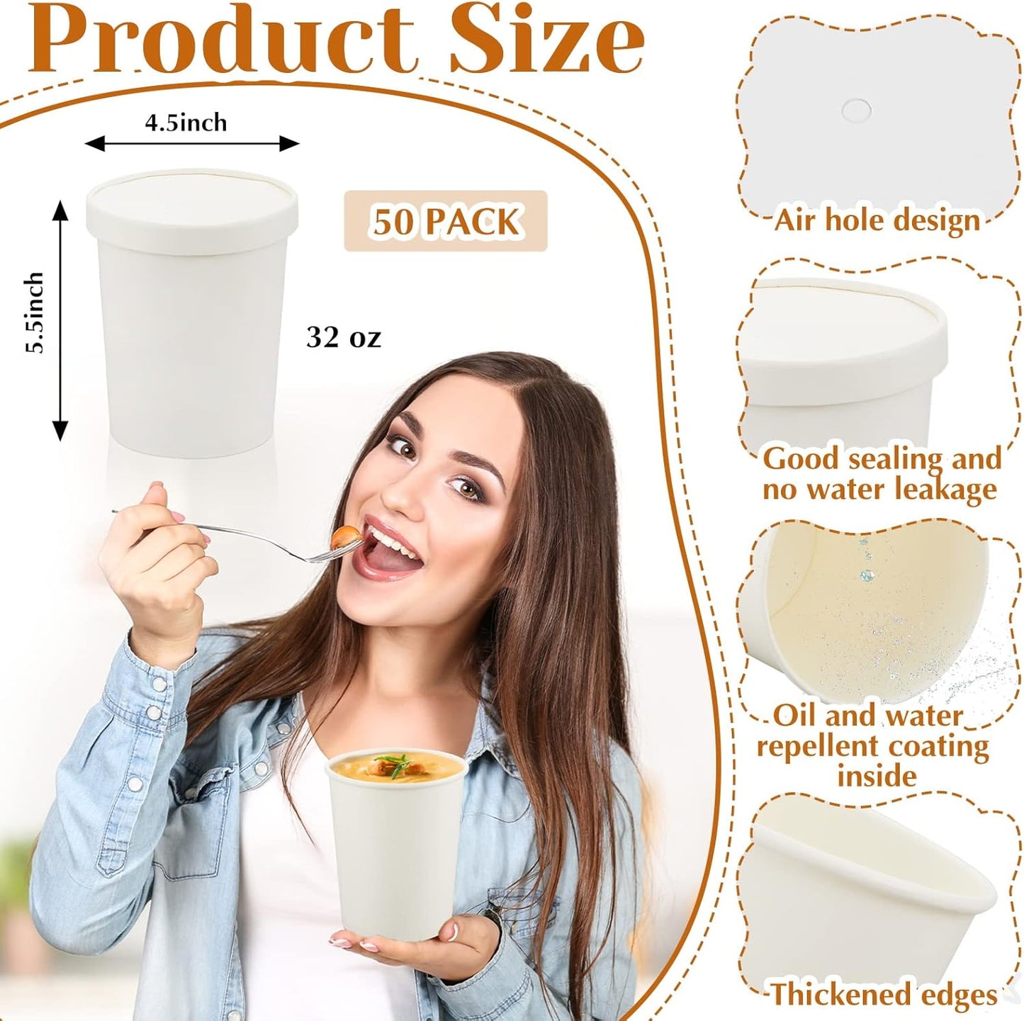 Sabary 50 Pack 32 oz Paper Soup Containers with Lid Disposable Kraft Soup Food Bowl Microwavable Food Storage Ice Cream Containers Nice for Restaurants (White)