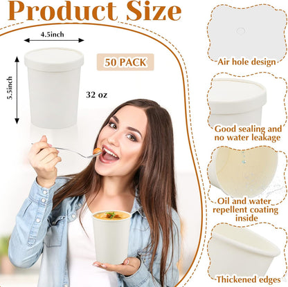 Sabary 50 Pack 32 oz Paper Soup Containers with Lid Disposable Kraft Soup Food Bowl Microwavable Food Storage Ice Cream Containers Nice for Restaurants (White)