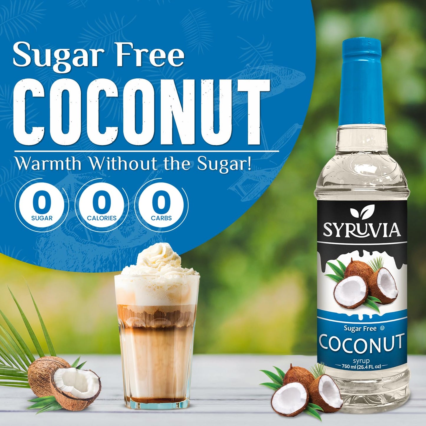 Syruvia Sugar Free Coffee Syrup, Coconut Flavored Syrup for Drinks, Lattes, and Desserts – 25.4 fl oz