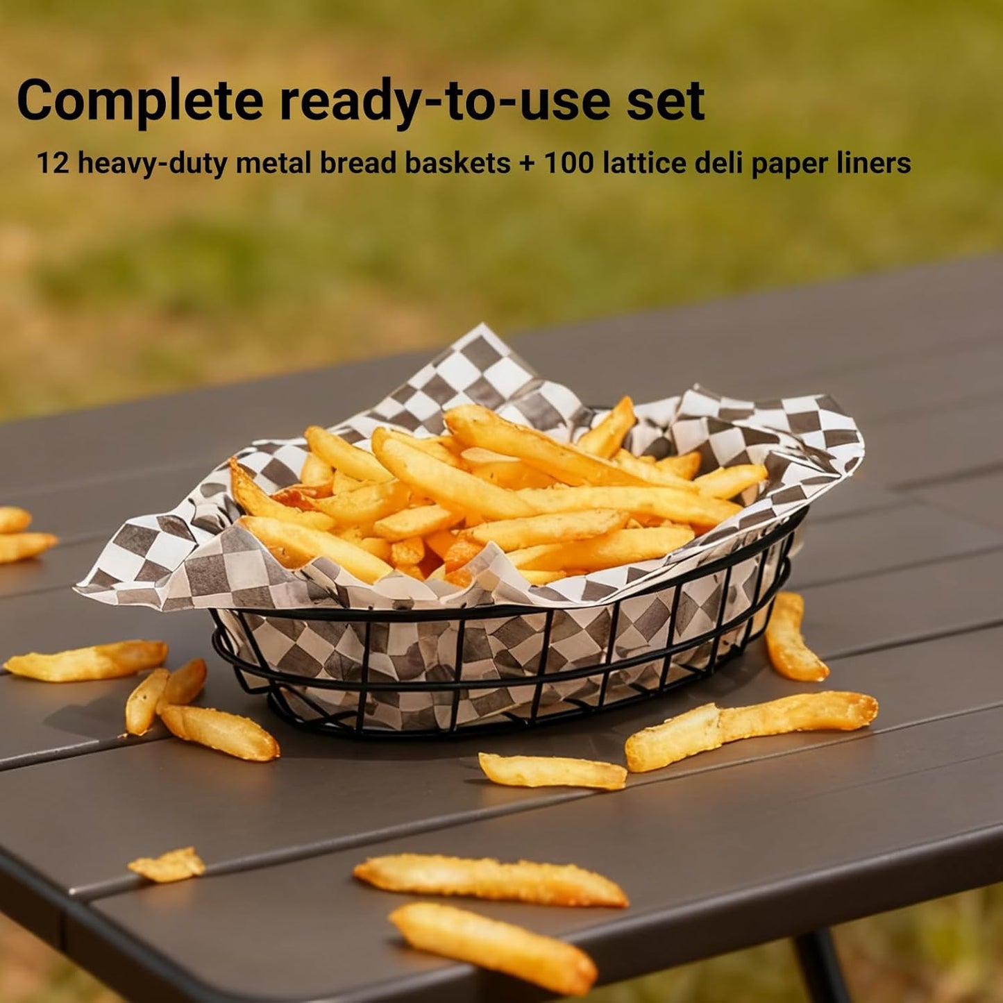 CNQLIS 12 Pcs Wire Bread Baskets with 100 Deli Wrapper Paper, 9.5x6.2x2.2 Inch Oval Metal Dinner Roll Baskets for Restaurants, BBQ, Picnics, Parties (Black)