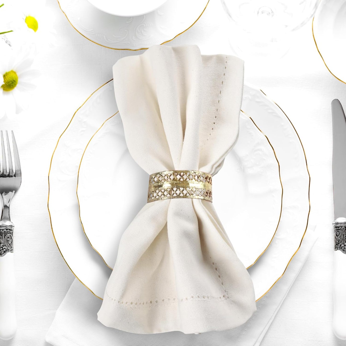 Urban Villa Cloth Napkins Ivory Hemstitch Dinner Napkins Set of 12 (20X20) 100% Cotton Absorbent Washable Durable Reusable Ideal for Hotel Collection Christmas Parties Restaurant Lunch Dinner Napkins