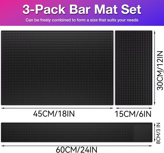 WANGCHAO Bar Mat Set - 8mm Thick Anti-Skid Non-Toxic Rubber Bar Mat for Home Bar, Countertop, Restaurants, Coffee Bar Mat - Premium Rubber Bar Service Spill Mat (3 pack) (24*3"+18*12"+12*6")