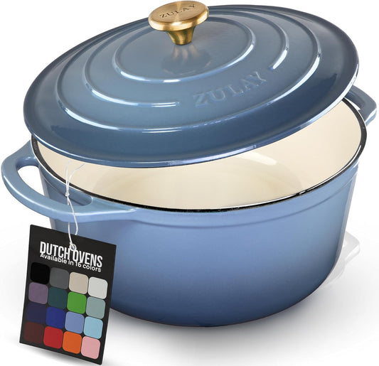 Zulay Kitchen 6 Quart Enameled Cast Iron Dutch Oven Pot with Lid – Premium Durability & Oven Safe up to 500°F – Heavy Duty Cookware Perfect for Bread Baking, Stews, Braising & Roasting - Aquamarine