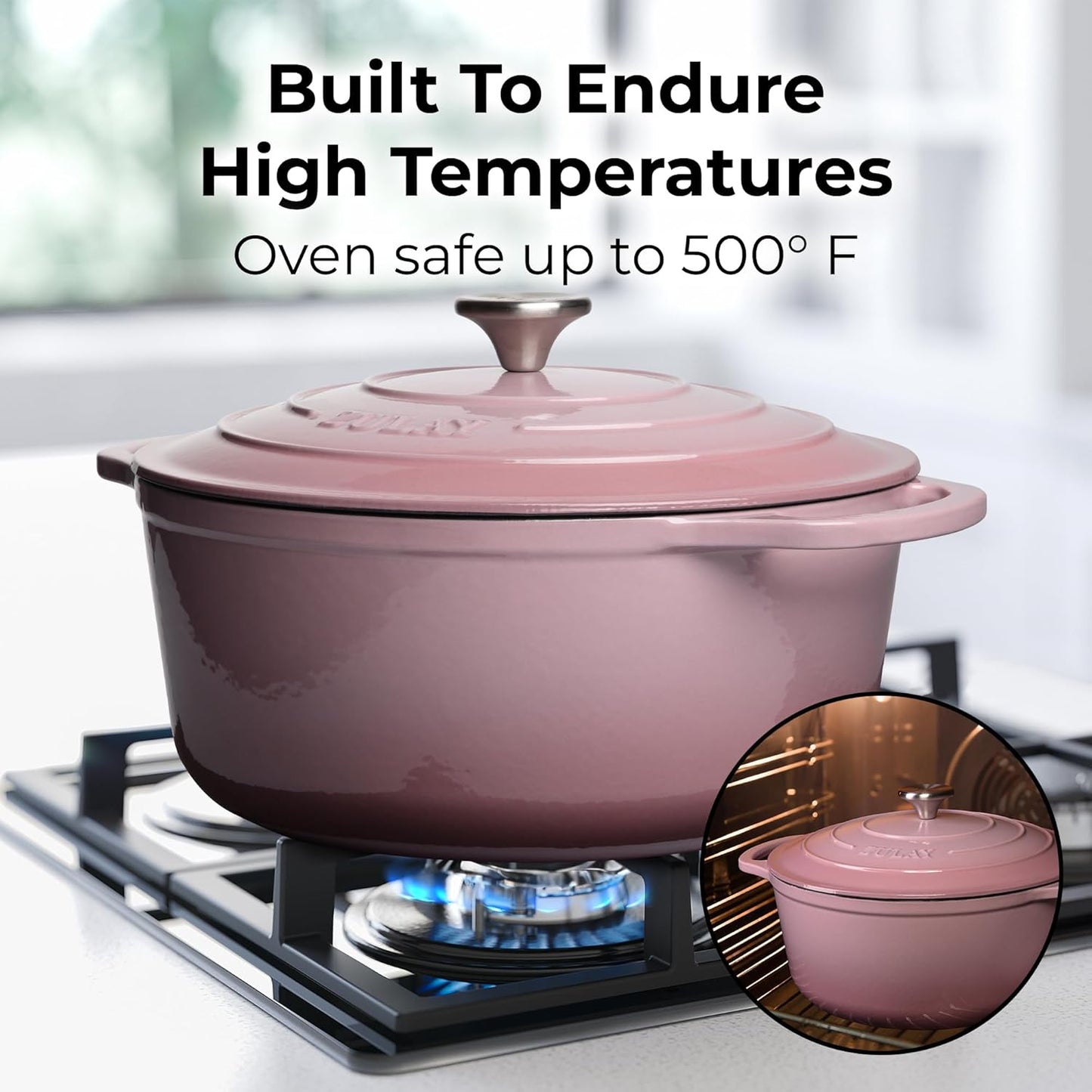 Zulay Kitchen 7.7 Quart Enameled Cast Iron Dutch Oven Pot with Lid – Premium Durability & Oven Safe up to 500°F – Heavy Duty Cookware Perfect for Bread Baking, Stews, Braising & Roasting – Pink