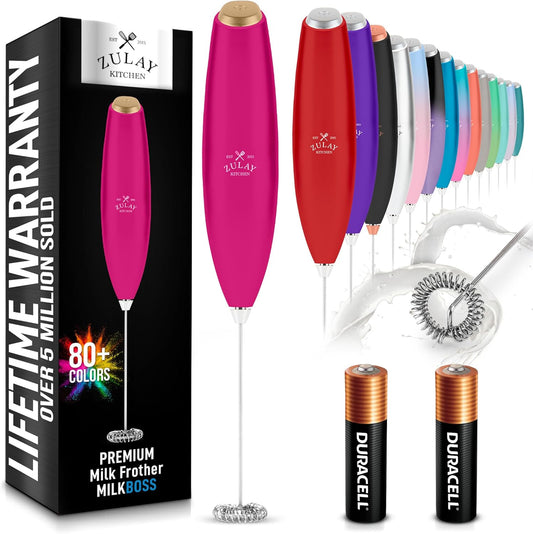 Zulay Kitchen Milk Frother Handheld Electric Whisk with AA Duracell Batteries – Durable Drink Mixer for Coffee, Lattes, Cappuccinos & More - Hot Pink