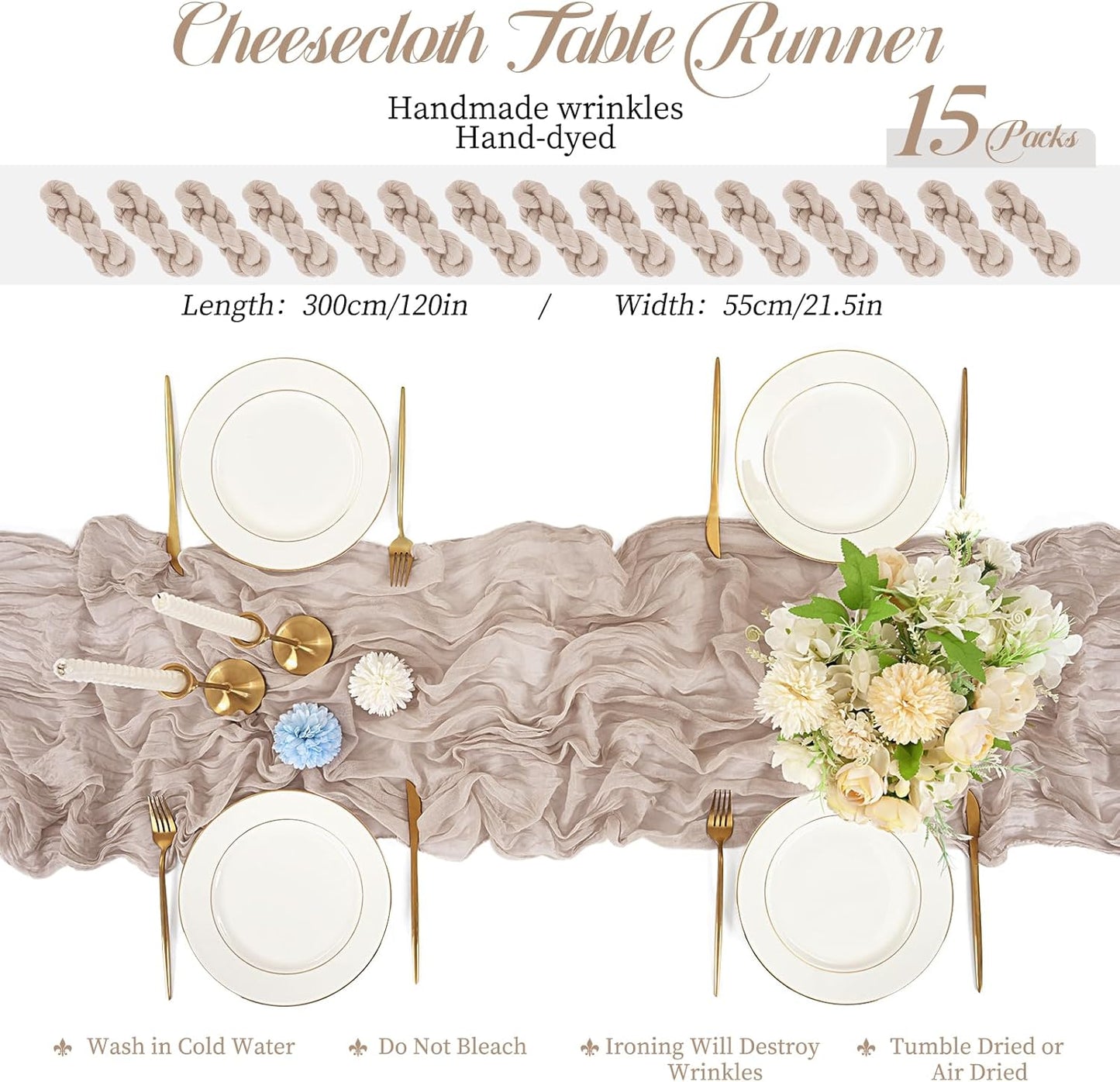 15 Packs Cheesecloth Table Runner - Grey, 10 Ft Brown Grey Rustic Gauze Boho Wedding Table Runner Decoration, 21.5x120in