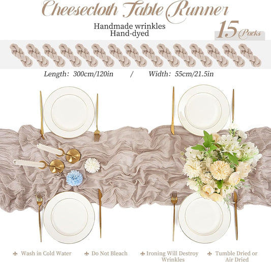 15 Packs Cheesecloth Table Runner - Grey, 10 Ft Brown Grey Rustic Gauze Boho Wedding Table Runner Decoration, 21.5x120in
