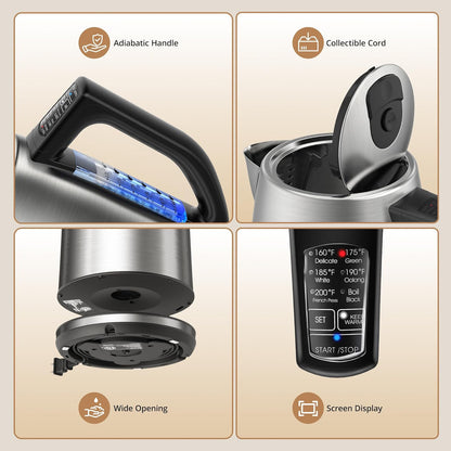 Electric Kettle Temperature Control, 1.7L Stainless Steel Tea Kettle, BPA-Free Hot Water Boiler with LED Light,1500 Watts for Fast Heat Up, Auto Shut-Off, Boil-Dry Protection, Keeping Warm