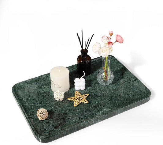 Marble Vanity Tray, 18in Stone for Bathroom Countertop, 17 3/4'' Oversized Dresser Decorative Organizer, Luxury Kitchen Serving Plate, Kitchen Sink Storage Tray, Perfume, Jewelry Holder(Green)