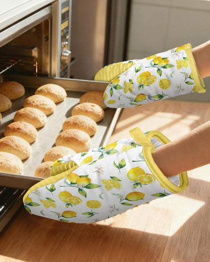 Slohif Lemon Mini Oven Mitts Set – Yellow Extended Short Heat Resistant Kitchen Gloves for Women, 100% Cotton Oven Mitts with Silicone Grips, Non-Slip and Thick Durable for Cooking & Baking