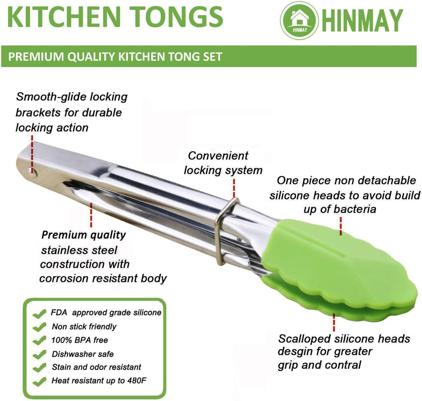 Mini Tongs with Silicone Tips 7 Inches Silicone Cooking Tongs, Set of 3 (Green)