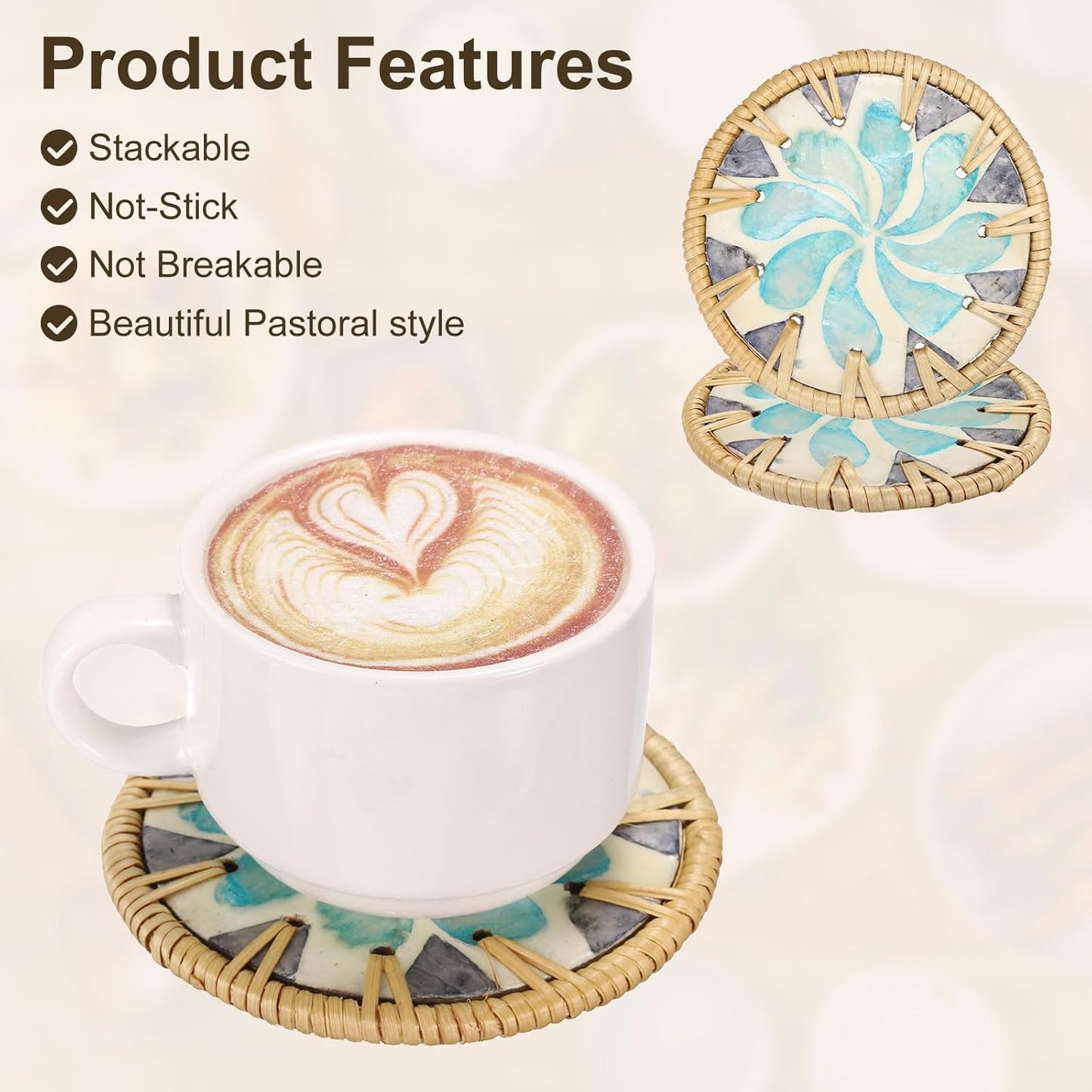 uxcell 2Pcs Handmade Woven Rattan Coasters, Heat-Resistant Drink Coasters for Coffee Table Dining Room Kitchen Coffee Wine Decor, Blue Water Drops