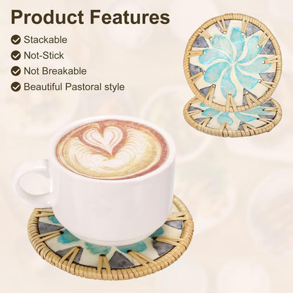 uxcell 2Pcs Handmade Woven Rattan Coasters, Heat-Resistant Drink Coasters for Coffee Table Dining Room Kitchen Coffee Wine Decor, Blue Water Drops