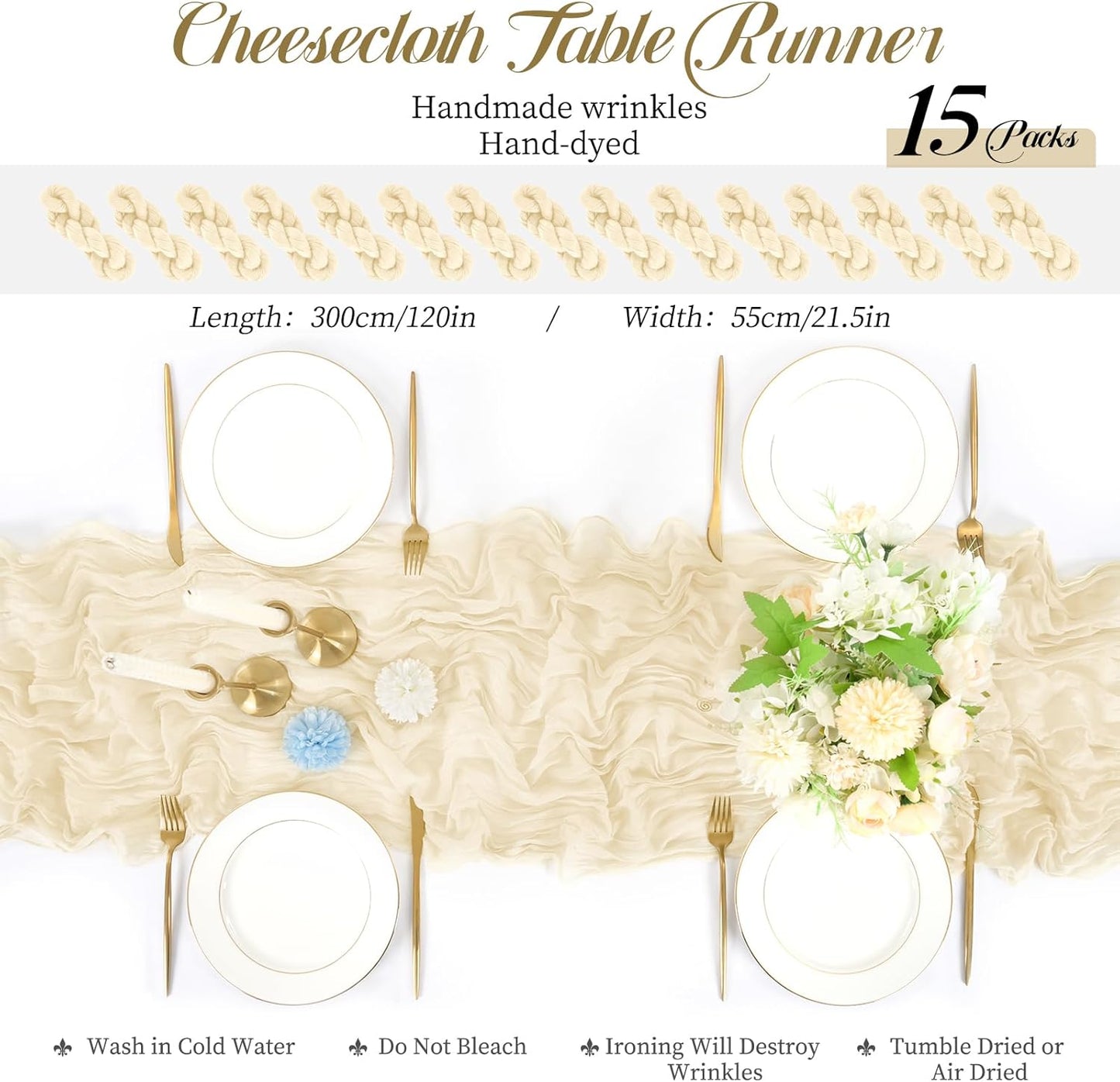 15 Packs Cheesecloth Table Runner Ivory,10 Ft Light Beige Rustic Gauze Boho Wedding Table Runner Decoration,Wedding Table Decor Table Cloth for Wedding Party Bridal Shower Table,21.5x120in