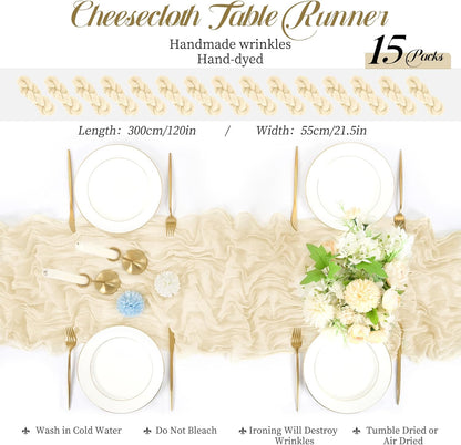 15 Packs Cheesecloth Table Runner Ivory,10 Ft Light Beige Rustic Gauze Boho Wedding Table Runner Decoration,Wedding Table Decor Table Cloth for Wedding Party Bridal Shower Table,21.5x120in