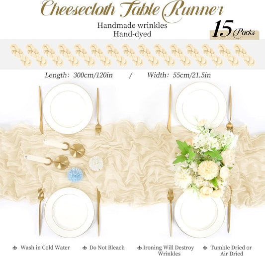 15 Packs Cheesecloth Table Runner Ivory,10 Ft Light Beige Rustic Gauze Boho Wedding Table Runner Decoration,Wedding Table Decor Table Cloth for Wedding Party Bridal Shower Table,21.5x120in