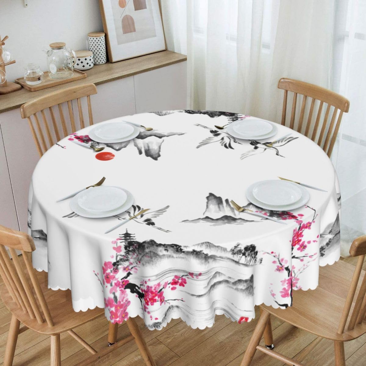 Japanese Tablecloth, Traditional Vintage Landscape Oriental Crane Temple Chinoiserie Water Resisitant Wipeable Table Cover for Dining Kitchen Living Room Home Party Holiday Decor 70 inch Round