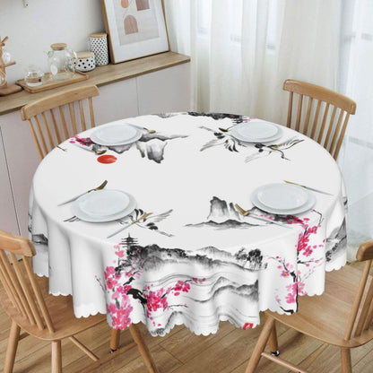 Japanese Tablecloth, Traditional Vintage Landscape Oriental Crane Temple Chinoiserie Water Resisitant Wipeable Table Cover for Dining Kitchen Living Room Home Party Holiday Decor 70 inch Round