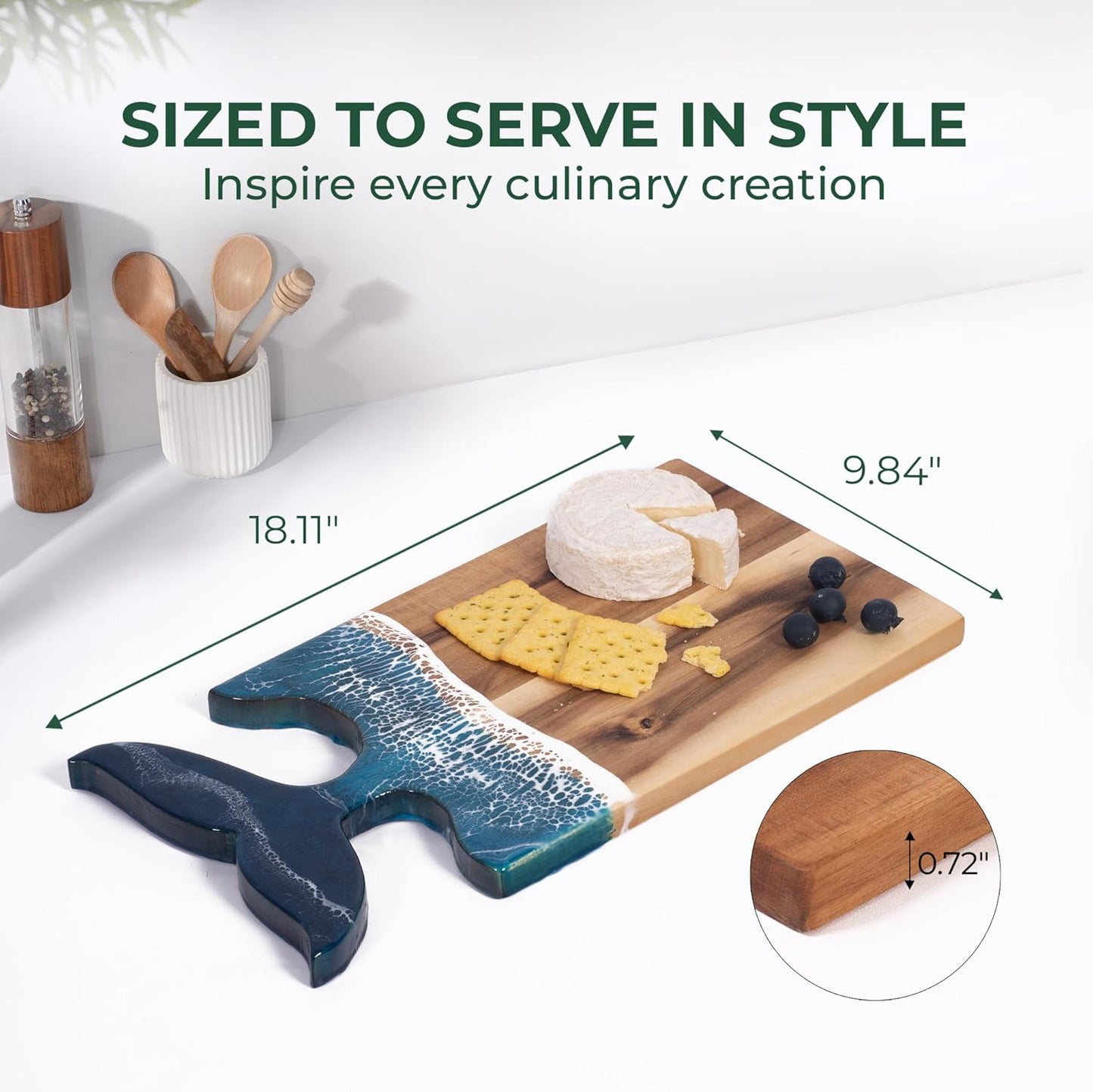 Whale Tail Ocean Serving Board with Resin Art, Large 18.1” x 9.8”, Perfect for Cheese, Charcuterie, Prep & Display – Includes Stand & Loofah, A Coastal Gift for Celebrations & Holidays