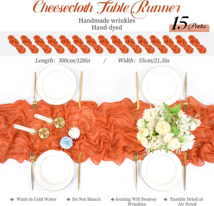 15 Packs Cheesecloth Table Runner Orange, 10 Ft Burnt Orange Table Runner for Wedding, Rustic Gauze Boho Decoration for Wedding Party Bridal Shower,21.5x120in