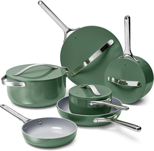 Caraway Deluxe Non-stick Ceramic Cookware Set (16 Piece) Pots, Frying Pans, Lids and Kitchen Storage - PFAS & PFOA Free - Oven Safe Pan Set & Compatible with All Stovetops - Sage