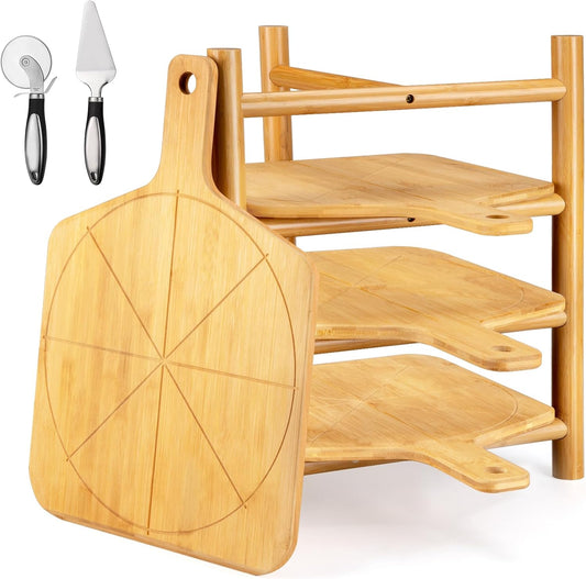 4 pcs Pizza Peel with Stand Smooth Pizza Paddle Pizza Cutting Board with 6 Slice Grooves Premium Serving Tray with Stainless Steel Pizza Cutting wheel and Pizza Shovel