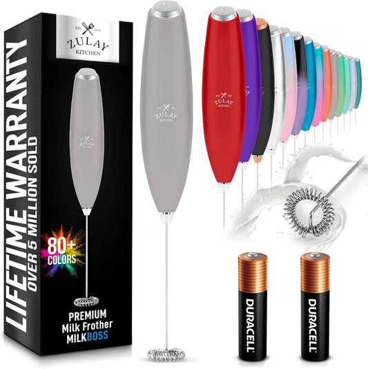 Zulay Kitchen Milk Frother Handheld Electric Whisk with AA Duracell Batteries – Durable Drink Mixer for Coffee, Lattes, Cappuccinos & More - Gray