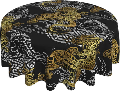 Japanese Tablecloth Round, Black Traditional Zodiac Dragon Vintage Asian Style Oriental Water Resisitant Table Cover for Dining Kitchen Living Room Home Party Holiday Decor 36 inch Round