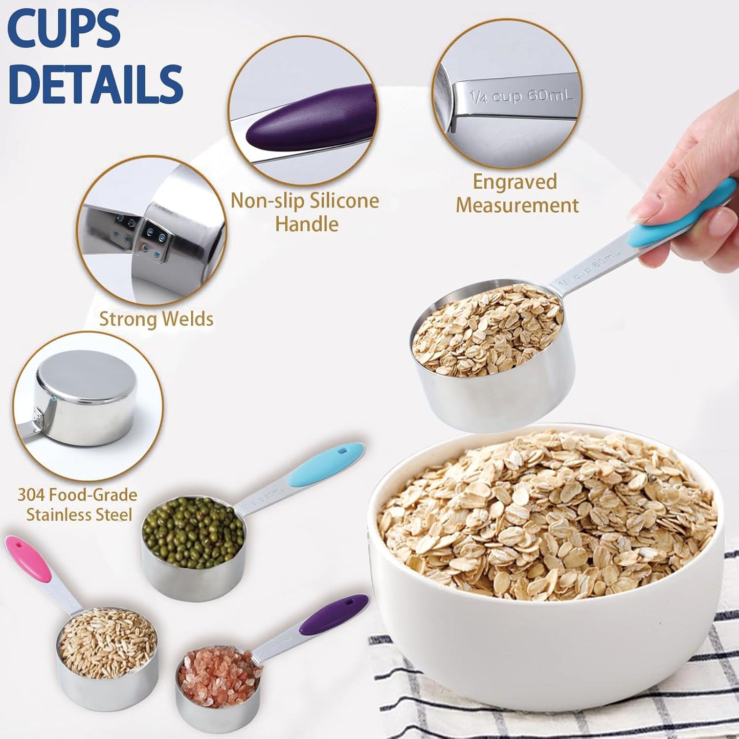 12 PCS Measuring Cups and Spoons Set Stainless Steel, 5 Measuring Cups with Colorful Silicone Handle and 6 Double-Sided Magnetic Measuring Spoons & 1 Leveler for Cooking and Baking (5+6+1)