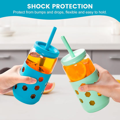 Glass Cups with Lids and Straws (4 Pcs), 16oz Drinking Glasses Set with Silicone Sleeves for Coffee Bar Accessories Iced Coffee Cups with Lids, Glass Tumbler Reusable for Gifts