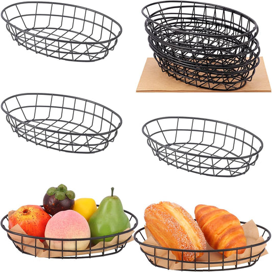 10 Pack Oval Wire Bread Basket, 9.65 x 6.1 x 2.17 Inch Metal Fast Food Baskets with 50 Sheets Deli Wrappers Paper, Metal Dinner Roll Baskets for Home & Kitchen, Serving and Storage(Black)