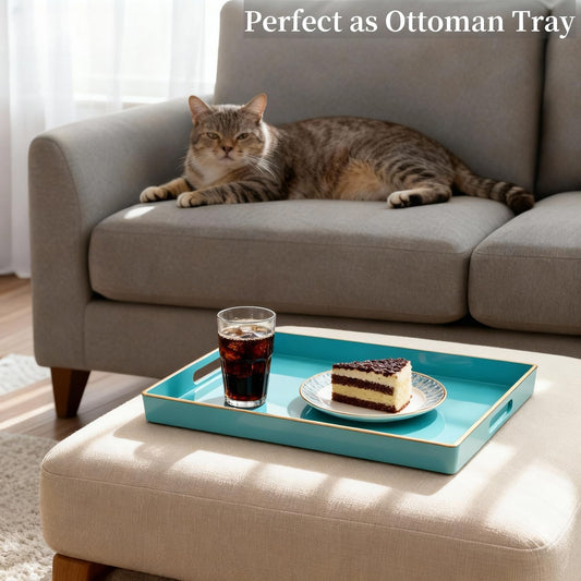 Zosenley Decorative Plastic Serving Tray with Handles, Modern Vanity Organizer for Bathroom, Kitchen, Ottoman and Coffee Table (Blue, Rectangular)