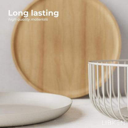 Fruit Basket for Kitchen - Multi-Purpose Stackable Basket with Wooden Lid - Powder Coated Metal and Rubber Wood - Wire Baskets for Organizing - Minimal Design - 4.5x11.4x11.4 - Warm Gray