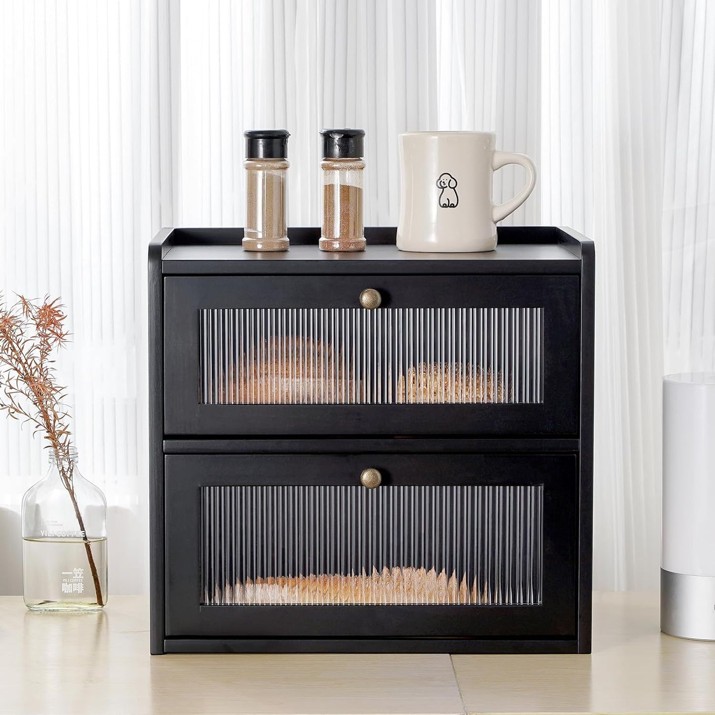 Sunhoo Bread Box for Kitchen Countertop Wooden Bread Storage Container Bin 2 Layer Breadbox Holder Large Capacity Keeper Vintage Farmhouse Food Organizer Pantry Shelf Acrylic Window（Black）