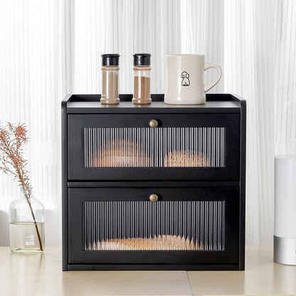 Sunhoo Bread Box for Kitchen Countertop Wooden Bread Storage Container Bin 2 Layer Breadbox Holder Large Capacity Keeper Vintage Farmhouse Food Organizer Pantry Shelf Acrylic Window（Black）