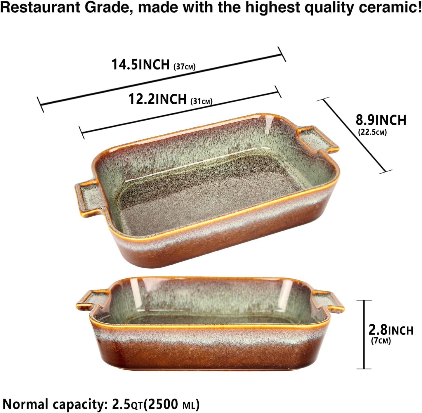 Rectangular 11.5 x 8.5 Casserole Dish, 2.5 Qt Ceramic Au gratin Baking Dish with Handles, or for mixing, salad, pasta plate, Best gift for those who love baking, Microwave, Oven safe