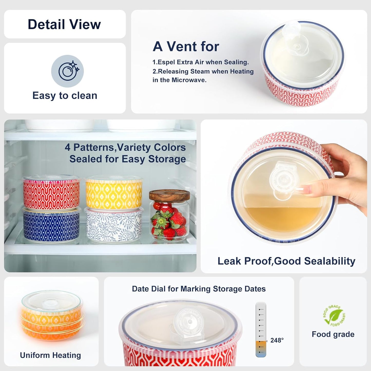 Selamica Ceramic Bowls with Lids,14 OZ Small Serving Bowls with Lids for Lunch Picnic Microwave Safe, 5 Inch Kitchen Food Storage Bowls Set of 4 for Prep, Salad, Pasta, Cereal, Assorted Colors